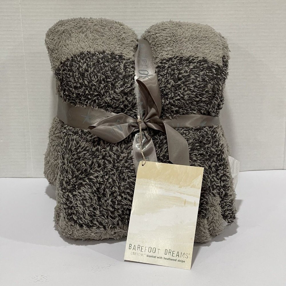 Barefoot Dreams Luxe Heathered Stripe Throw Blanket Warm Gray Carbon BNWT
